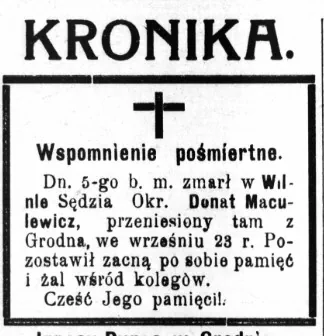Объявление о смерти судьи Доната Мацулевича в газете Echo Grodzieńskie