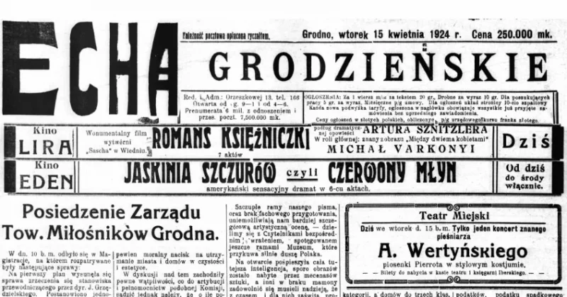 Афіша з выдання “Echa Grodzieńskie” за 15 красавіка 1924 года