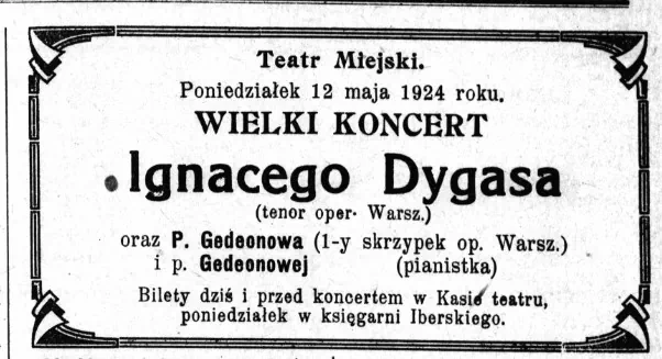 Объявление о концерте Игнатия Дигаса в Гродно, который в итоге не состоялся - газета Echo Grodzieńskie за 1924 год