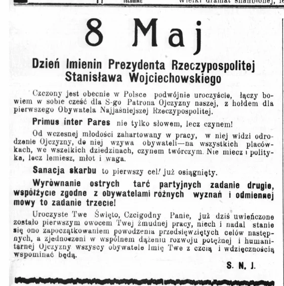 8 maja 1924 imienina prezydenta Stanisława Wojciechowskiego - gazeta Echo Grodzieńskie