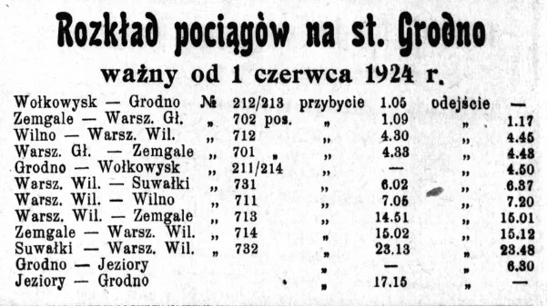 Расклад цягнікоў на станцыі Гродна з 1 чэрвеня 1924 года