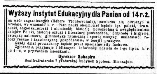 Объявление от 19 июня 1924 в газете Echa Grodzieńskie
