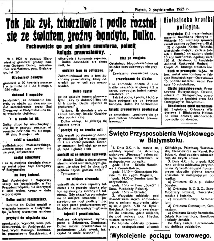 История Григория Дулько в газете Dziennik Białostocki. 2 октября 1925 года