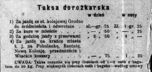 Кошт праезду ў Гродне на тагачасным таксі. Дадзеныя на 4 жніўня 1924 года