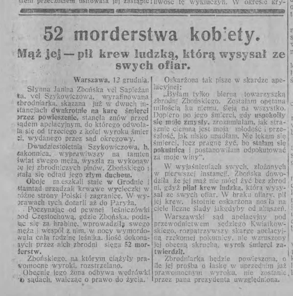 Артыкул "52 забойствы жанчыны". Крыніца: Express Wieczorny Ilustrowany, 12 снежня 1926 года