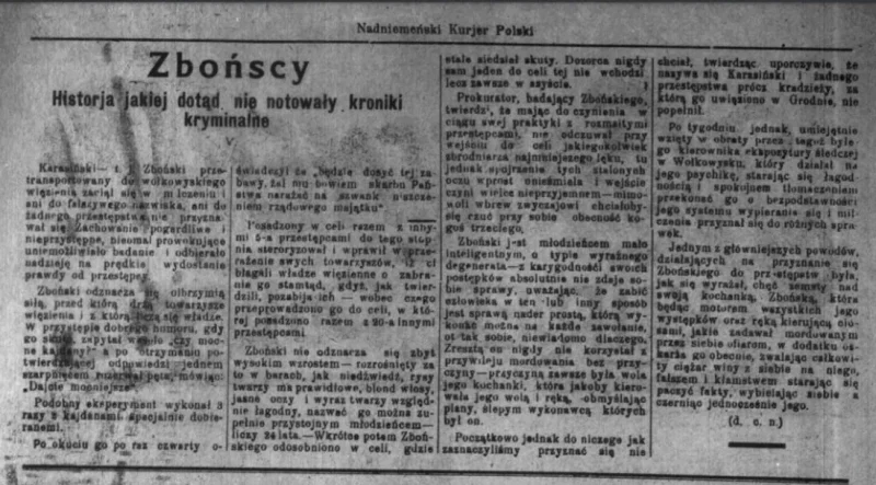 "Збоньскія. Гісторыя, якой да таго не фіксавалі крымінальныя хронікі". Крыніца Nadniemeński kurjer polski. 22 жніўня 1924 года. Гэты цыкл артыкулаў гродзенскай газеты лёг у аснову гэтага артыкула