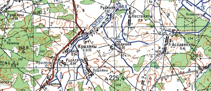 Мапа 1986 года. У цэнтры добра бачныя Дордзішкі