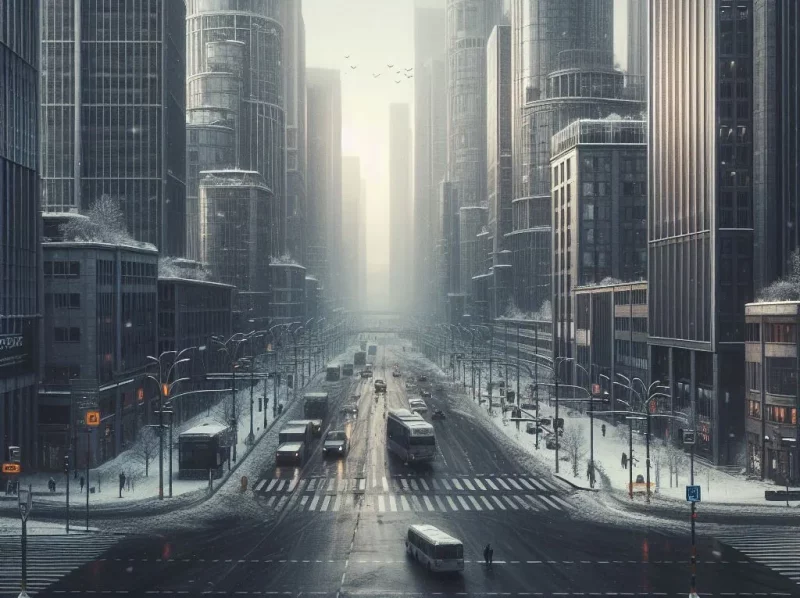 Шэрасць, вецер і пустыя прасторы. Як беларускія гарады (не) адаптуюцца да змены пор года? Шэры горад зімой. Выява згенеравана рэдакцыяй Hrodna.life у нейрасетцы DALL·E 3