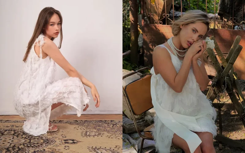 Моднікі Гродна пасварыліся з-за сукенкі ў пёркі. Юрыст патлумачыў, ці ёсць тут плагіят Сукенкі NATASHA TSU RAN і KRIKATE.