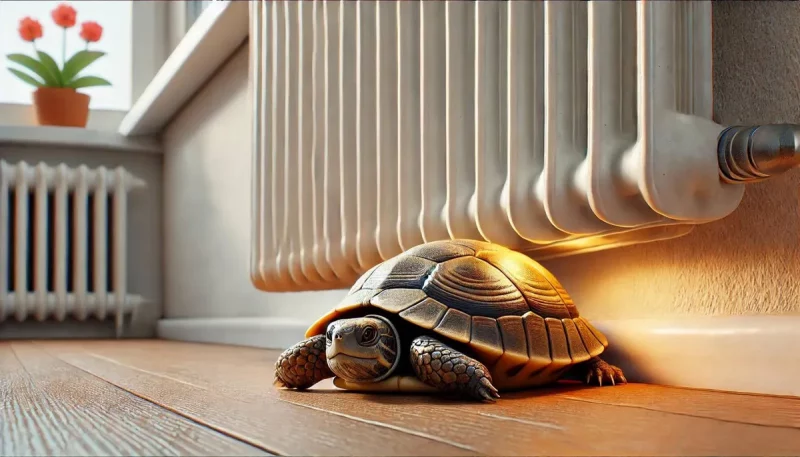 У Гродне і Гродзенскай вобласці ўключаюць ацяпленне ў кватэрах Чарапаха грэецца пад батарэяй. Ілюстрацыя створаная рэдакцыяй Hrodna.life з дапамогай нейрасеткі DALL-E