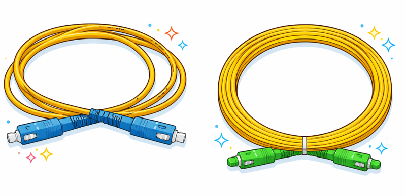 Симплексные одномодовые шнуры с обычным (слева) и угловым (справа) физическим контактом наконечников оптических разъемов.
