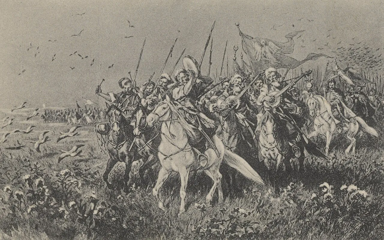 Паход Багдана Хмяльніцкага, ілюстрацыя да гістарычнага рамана «Агнём і мячом» Генрыка Сянкевіча, мастак Юліуш Косак. Крыніца: Wikimedia Commons