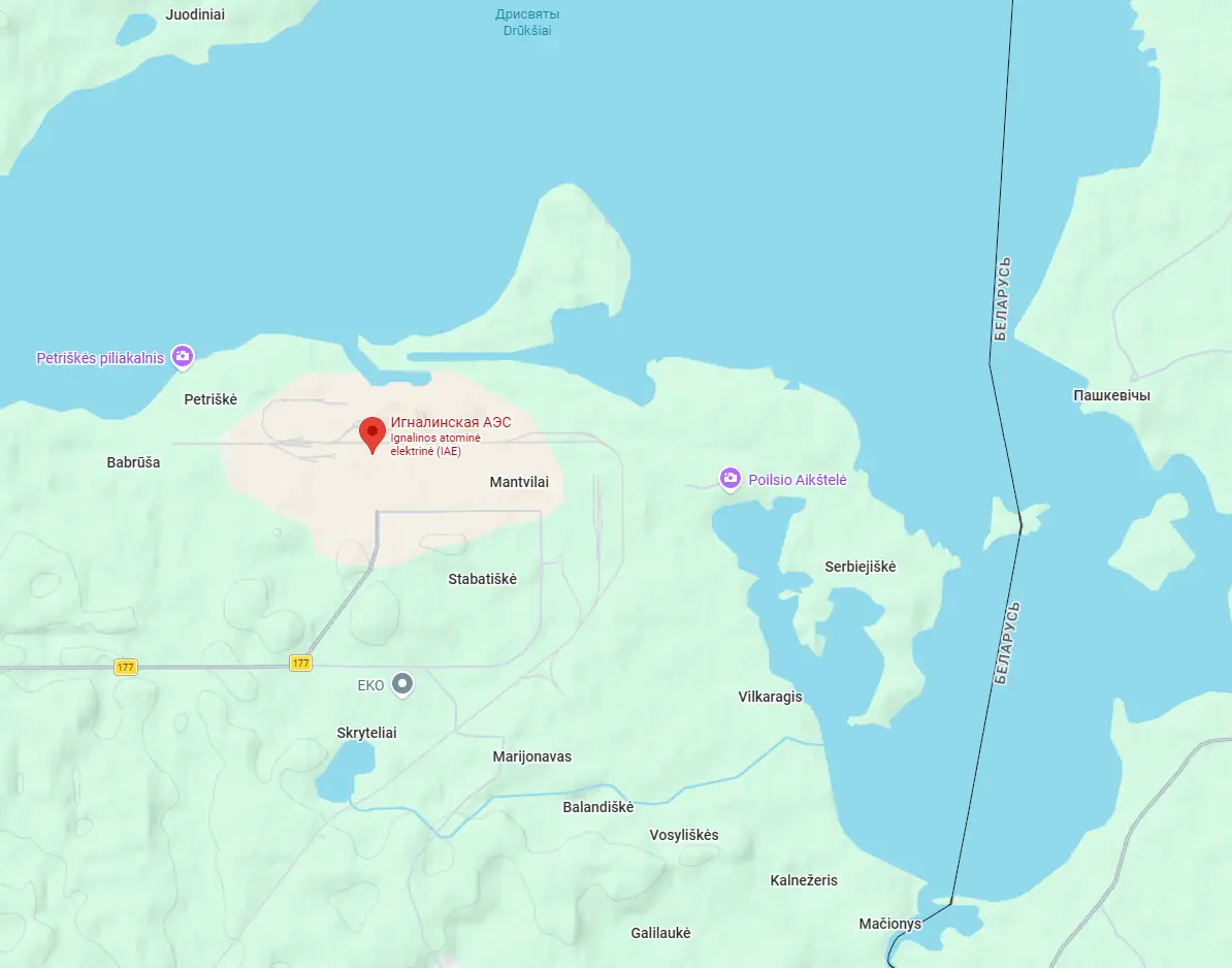 Ад Ігналінскай АЭС да мяжы з Беларуссю — каля 4-5 км. Скрыншот Google Maps